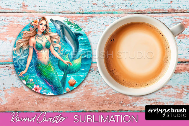 Watercolor Mermaid Coaster Sublimation, Round Car Coaster Sublimation OrangeBrushStudio 