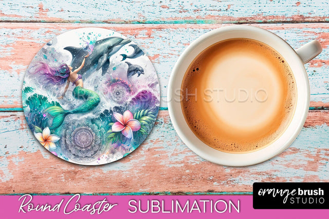 Watercolor Mermaid Coaster Sublimation, Round Car Coaster Sublimation OrangeBrushStudio 