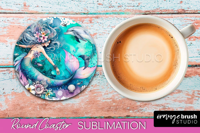 Watercolor Mermaid Coaster Sublimation, Round Car Coaster Sublimation OrangeBrushStudio 