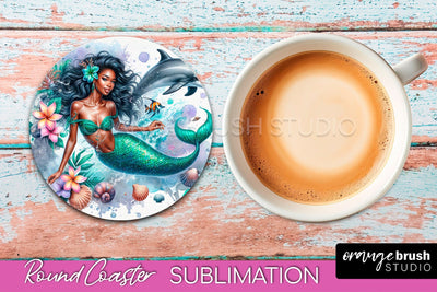 Watercolor Mermaid Coaster Sublimation, Round Car Coaster Sublimation OrangeBrushStudio 