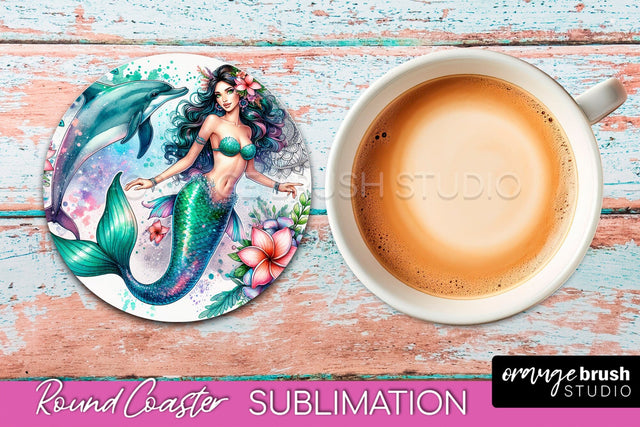 Watercolor Mermaid Coaster Sublimation, Round Car Coaster Sublimation OrangeBrushStudio 