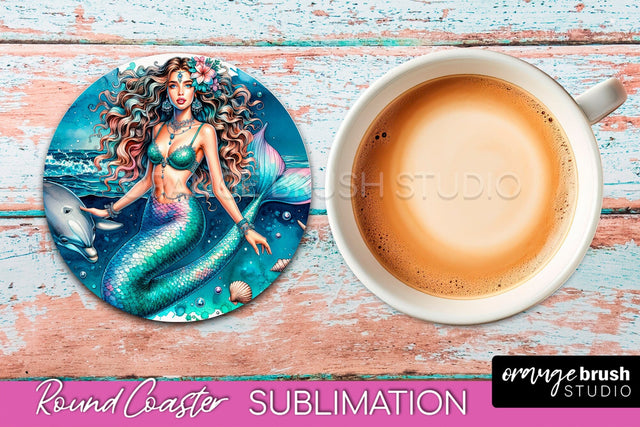 Watercolor Mermaid Coaster Sublimation, Round Car Coaster Sublimation OrangeBrushStudio 