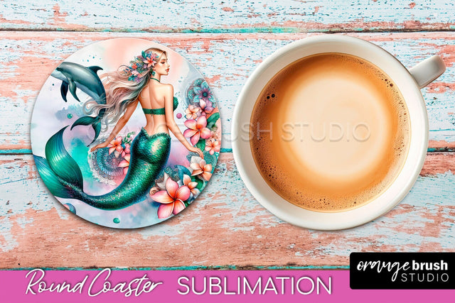 Watercolor Mermaid Coaster Sublimation, Round Car Coaster Sublimation OrangeBrushStudio 
