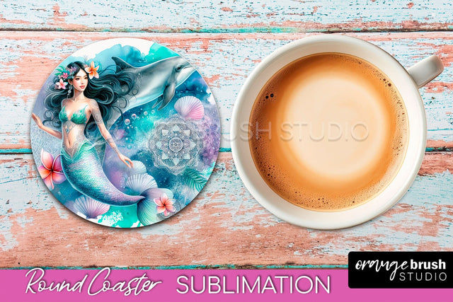 Watercolor Mermaid Coaster Sublimation, Round Car Coaster Sublimation OrangeBrushStudio 