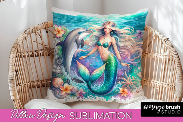 Watercolor Mermaid Pillow Cover - Summer Pillow Sublimation Sublimation OrangeBrushStudio 