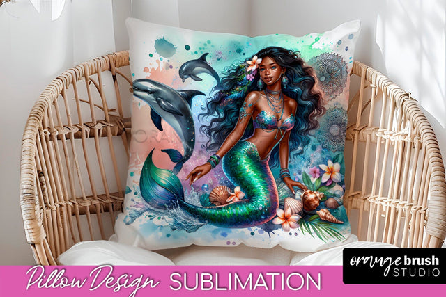 Watercolor Mermaid Pillow Cover - Summer Pillow Sublimation Sublimation OrangeBrushStudio 