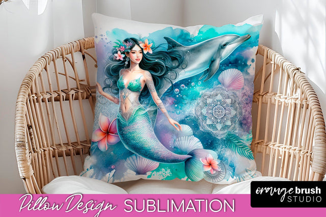 Watercolor Mermaid Pillow Cover - Summer Pillow Sublimation Sublimation OrangeBrushStudio 