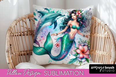Watercolor Mermaid Pillow Cover - Summer Pillow Sublimation Sublimation OrangeBrushStudio 