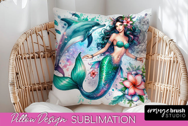 Watercolor Mermaid Pillow Cover - Summer Pillow Sublimation Sublimation OrangeBrushStudio 