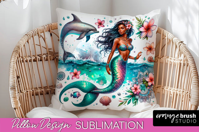 Watercolor Mermaid Pillow Cover - Summer Pillow Sublimation Sublimation OrangeBrushStudio 