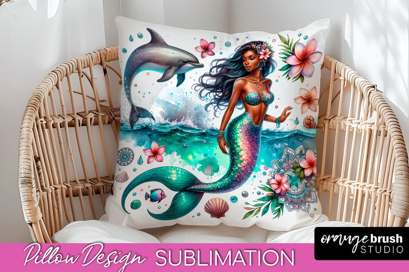 Watercolor Mermaid Pillow Cover - Summer Pillow Sublimation Sublimation OrangeBrushStudio 