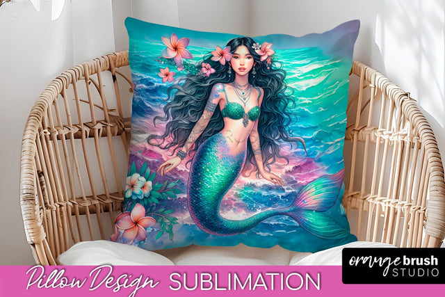 Watercolor Mermaid Pillow Cover - Summer Pillow Sublimation Sublimation OrangeBrushStudio 