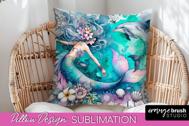 Watercolor Mermaid Pillow Cover - Summer Pillow Sublimation Sublimation OrangeBrushStudio 