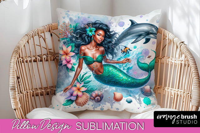 Watercolor Mermaid Pillow Cover - Summer Pillow Sublimation Sublimation OrangeBrushStudio 