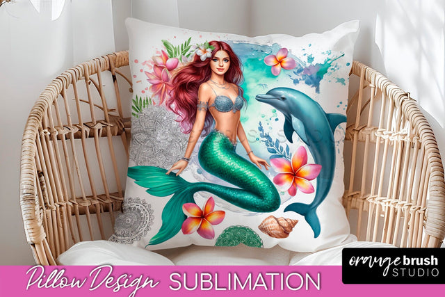 Watercolor Mermaid Pillow Cover - Summer Pillow Sublimation Sublimation OrangeBrushStudio 