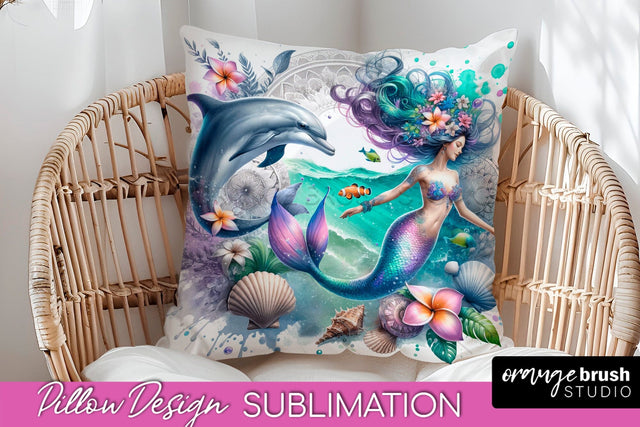Watercolor Mermaid Pillow Cover - Summer Pillow Sublimation Sublimation OrangeBrushStudio 