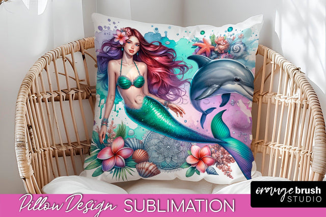 Watercolor Mermaid Pillow Cover - Summer Pillow Sublimation Sublimation OrangeBrushStudio 