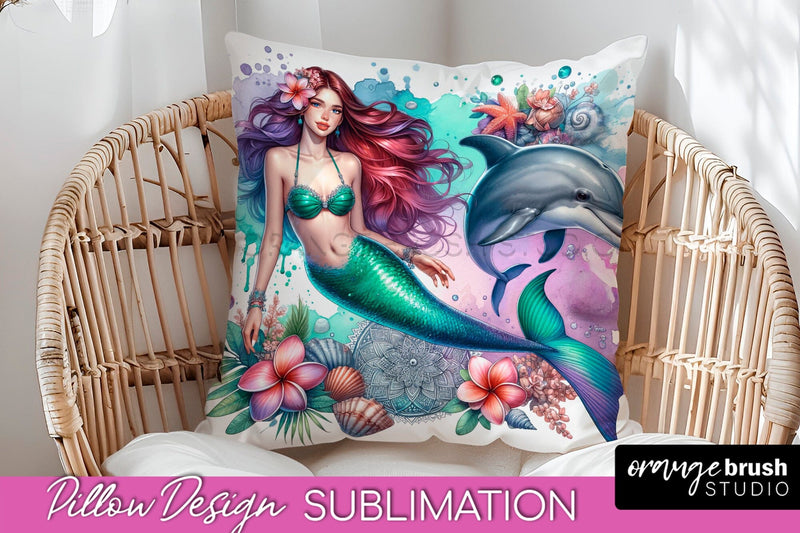 Watercolor Mermaid Pillow Cover - Summer Pillow Sublimation Sublimation OrangeBrushStudio 