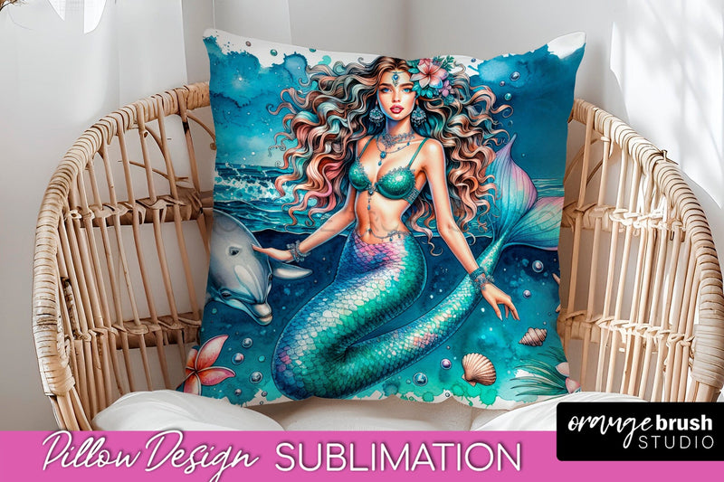 Watercolor Mermaid Pillow Cover - Summer Pillow Sublimation Sublimation OrangeBrushStudio 
