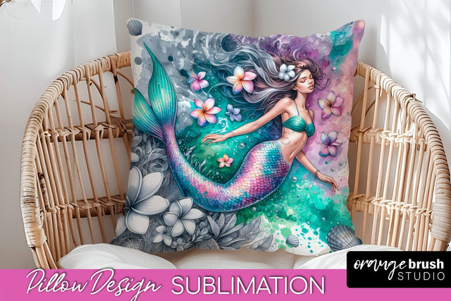 Watercolor Mermaid Pillow Cover - Summer Pillow Sublimation Sublimation OrangeBrushStudio 