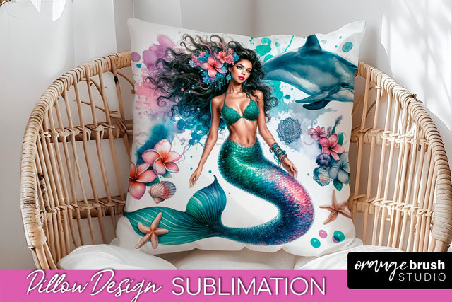 Watercolor Mermaid Pillow Cover - Summer Pillow Sublimation Sublimation OrangeBrushStudio 