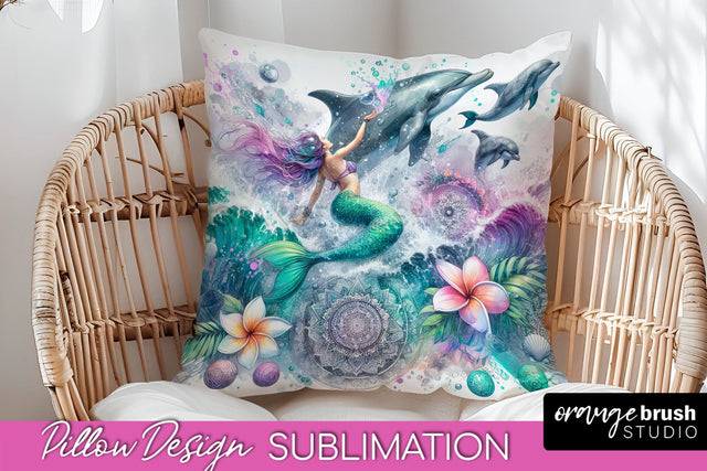 Watercolor Mermaid Pillow Cover - Summer Pillow Sublimation Sublimation OrangeBrushStudio 