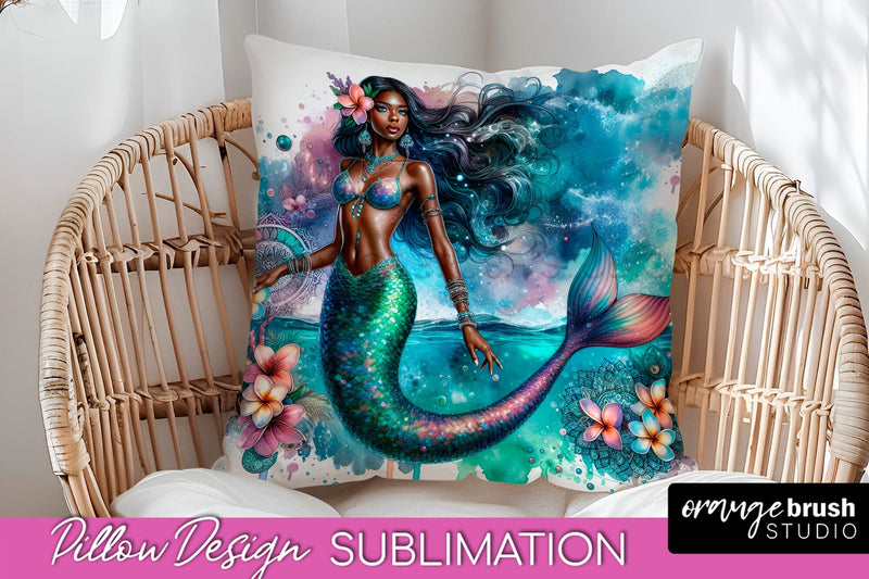 Watercolor Mermaid Pillow Cover - Summer Pillow Sublimation Sublimation OrangeBrushStudio 