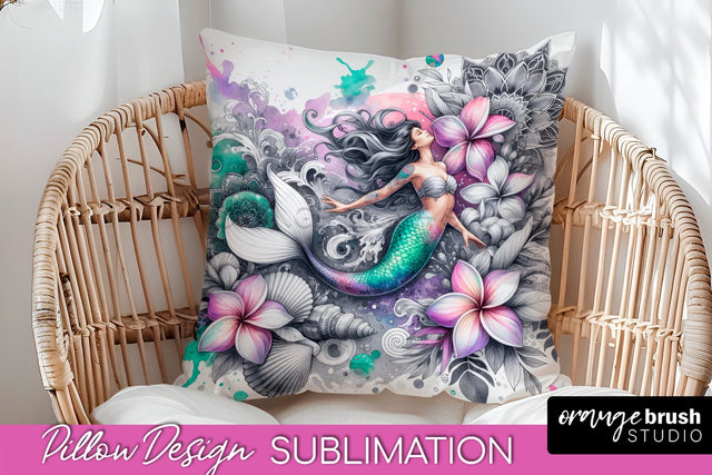 Watercolor Mermaid Pillow Cover - Summer Pillow Sublimation Sublimation OrangeBrushStudio 