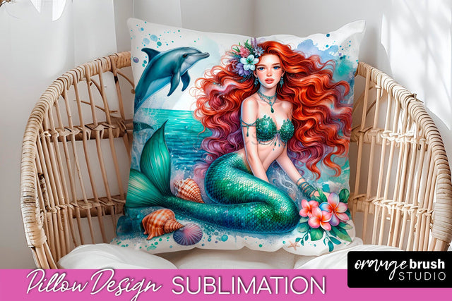 Watercolor Mermaid Pillow Cover - Summer Pillow Sublimation Sublimation OrangeBrushStudio 