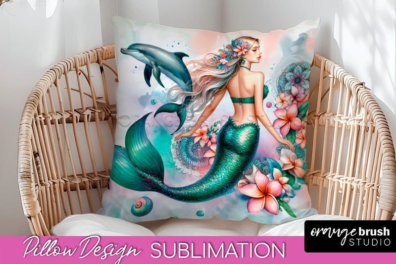 Watercolor Mermaid Pillow Cover - Summer Pillow Sublimation Sublimation OrangeBrushStudio 
