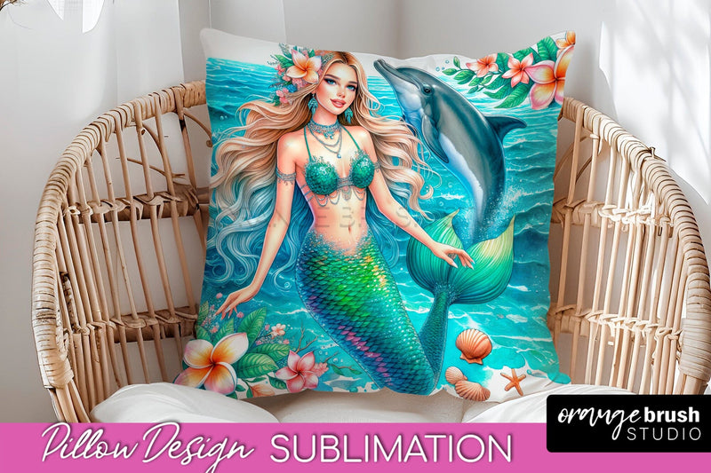 Watercolor Mermaid Pillow Cover - Summer Pillow Sublimation Sublimation OrangeBrushStudio 
