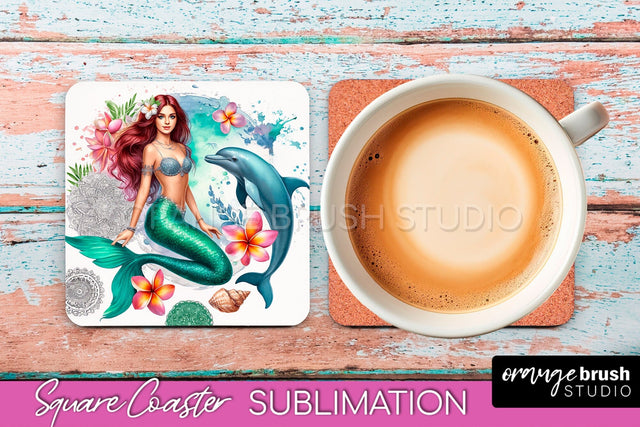 Watercolor Mermaid Square Coaster Sublimation Design Sublimation OrangeBrushStudio 