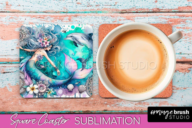 Watercolor Mermaid Square Coaster Sublimation Design Sublimation OrangeBrushStudio 
