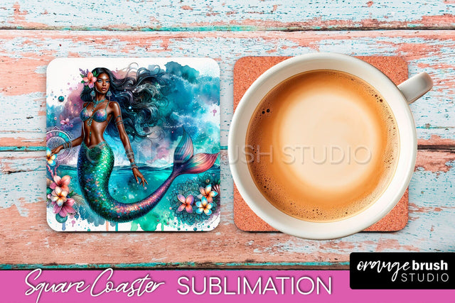 Watercolor Mermaid Square Coaster Sublimation Design Sublimation OrangeBrushStudio 