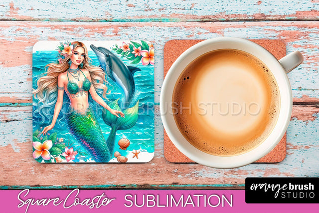 Watercolor Mermaid Square Coaster Sublimation Design Sublimation OrangeBrushStudio 