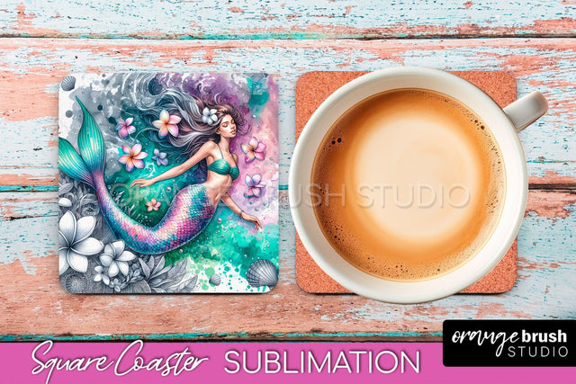 Watercolor Mermaid Square Coaster Sublimation Design Sublimation OrangeBrushStudio 