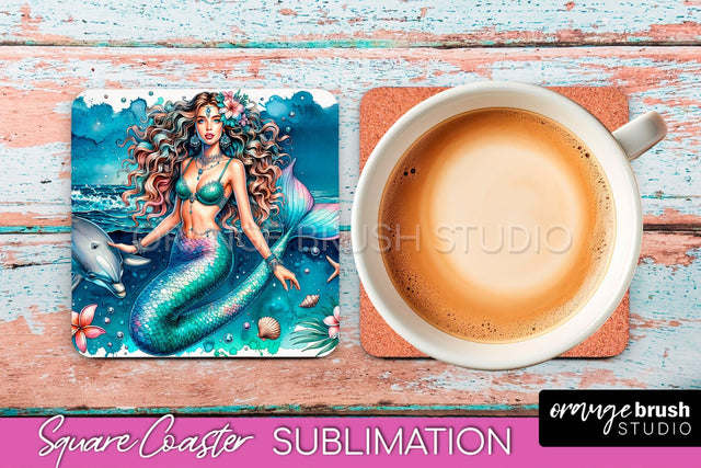 Watercolor Mermaid Square Coaster Sublimation Design Sublimation OrangeBrushStudio 