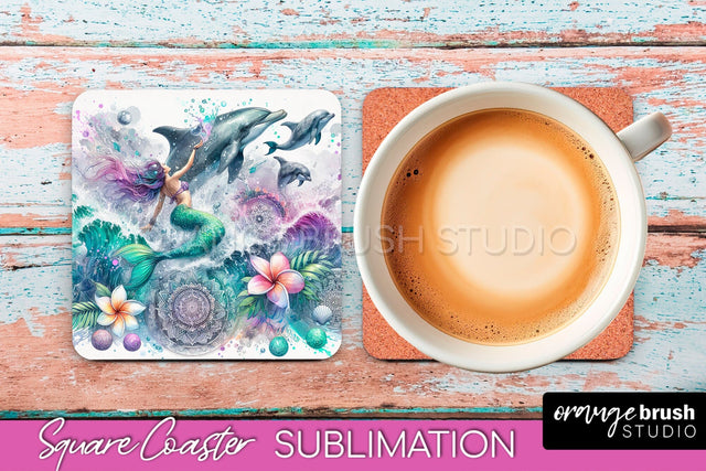 Watercolor Mermaid Square Coaster Sublimation Design Sublimation OrangeBrushStudio 