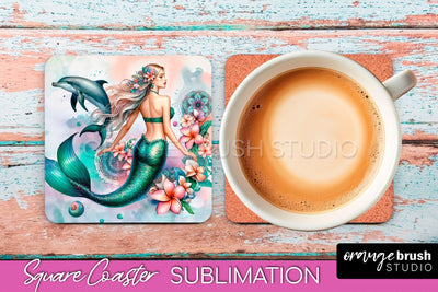 Watercolor Mermaid Square Coaster Sublimation Design Sublimation OrangeBrushStudio 