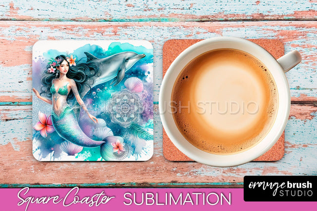 Watercolor Mermaid Square Coaster Sublimation Design Sublimation OrangeBrushStudio 
