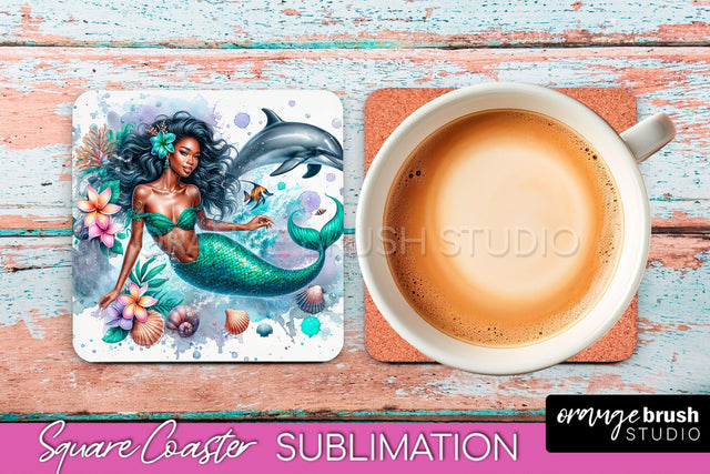 Watercolor Mermaid Square Coaster Sublimation Design Sublimation OrangeBrushStudio 