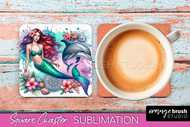 Watercolor Mermaid Square Coaster Sublimation Design Sublimation OrangeBrushStudio 