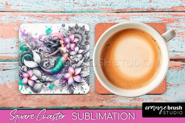 Watercolor Mermaid Square Coaster Sublimation Design Sublimation OrangeBrushStudio 