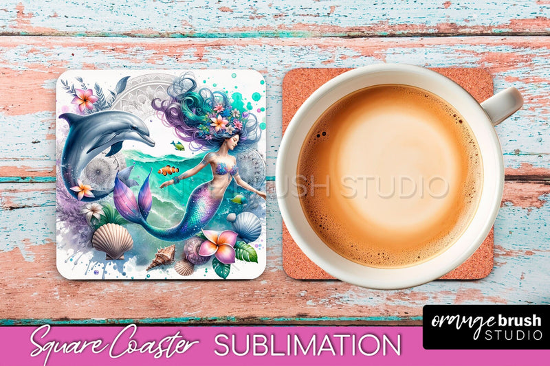 Watercolor Mermaid Square Coaster Sublimation Design Sublimation OrangeBrushStudio 