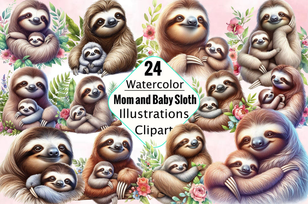 Watercolor Mom and Baby Sloth Clipart Bundle - So Fontsy