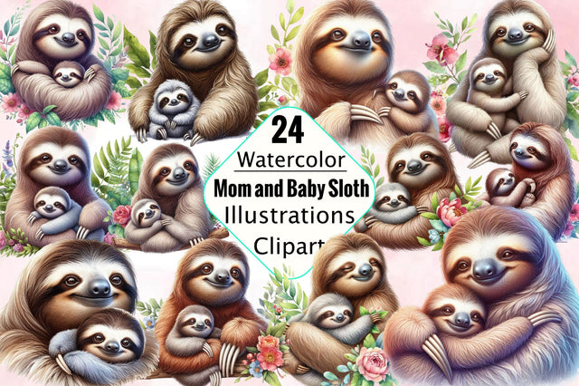 Watercolor Mom and Baby Sloth Clipart Bundle Sublimation SVGArt 