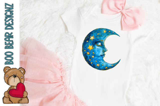 Watercolor Moon and Stars Clipart Sublimation Boo Bear Designz 
