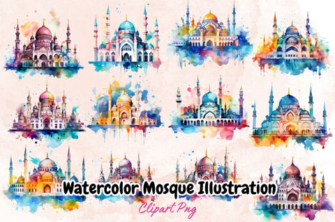 Watercolor Mosque Illustration Clipart Bundle Sublimation Designangry 