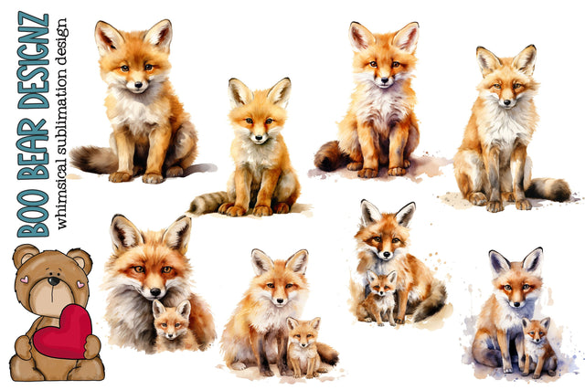 Watercolor Mother and baby Fox Clipart Sublimation Boo Bear Designz 