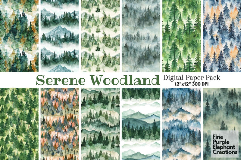Watercolor Mountain Forest Digital Paper | Green Trees Sublimation Digital Pattern Fine Purple Elephant Creations 